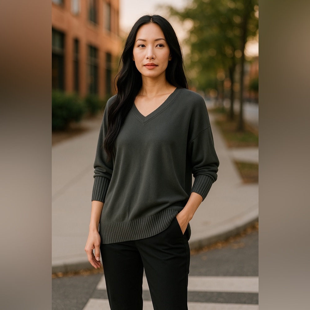 French Connection V-Neck Knit Sweater M Women Pullover‎ Heather Gray Fall NEW